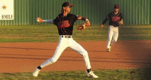 Schulenburg’s Connor Lichnovsky fields a grounder and throws to first in a district game earlier this season. Thursday, Lichnovksy shined on the mound for the Shorthorns, tossing a complete game two-hitter against Ganado. Photo by Jeff Wick