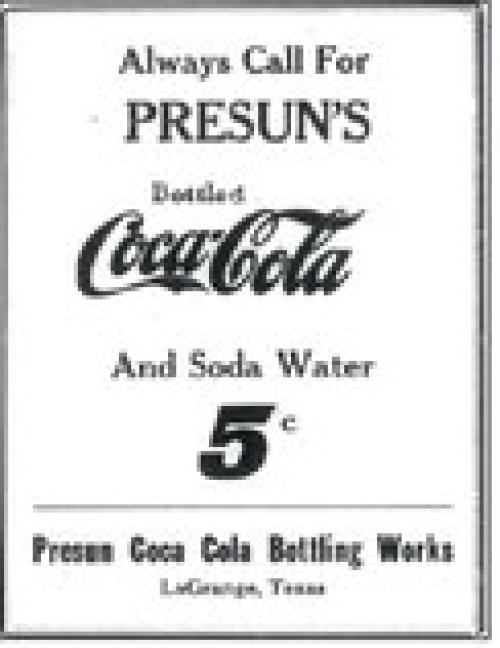 Advertisement for Presun Bottling Works in the Aug. 5, 1926 issue of the La Grange Journal.