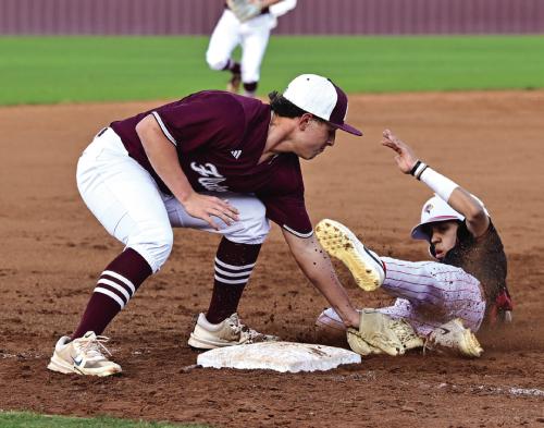 Flatonia’s Diego Ramirez gets the tag down on a St. Paul base runner last week. Photo by Stephanie Steinhauser