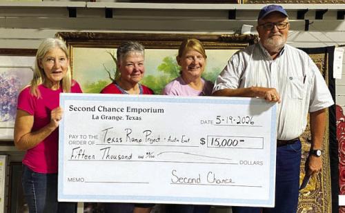 Second Chance Emporium (SCE) recently donated $15,000 to the Texas Ramp Project Austin East. Monies donated will be used to purchase treated lumber and hardware to build wheelchair ramps for eligible elderly and disabled residents of Fayette County. Pictured from left to right: Gayle Schielack, SCE Store Director; Darlene Strahan, SCE Assistant Store Director; Marlene Schnell, SCE Assistant Store Director and J. Frank Smith, Texas Ramp Project-Austin East Regional Coordinator.