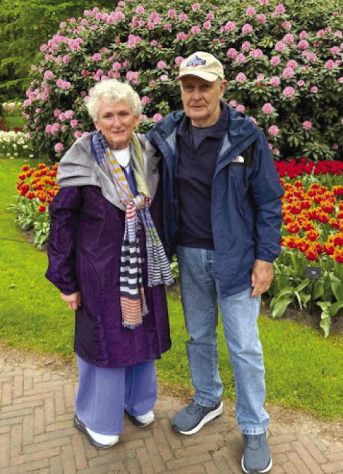 Suzanne and Ed Ellis in Keukenhof Flower Gardens in Lisse, Netherlands. This is one of the world’s largest and most famous flower gardens.