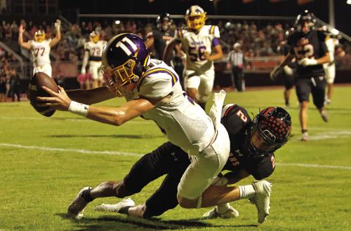 Weimar’s Sammy Hernandez stretches for a touchdown in Friday’s victory over Schulenburg. Photo by Darrell D. Gest