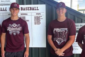 The four seniors on Fayetteville’s baseball team stand in front of a board of accomplishments at the stadium, which include the two state finalist finishes (2023 and 2024) that they were a part of, and their 2025 state title. Left to right, those seniors are Kole Schmitt, Jack Schley, Jason Halfmann and Mason Fenhaus. Photo by Jeff Wick