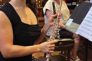 Flutist Isabelle Jamois with her 14K gold flute with rose gold mouthpiece and Pianist Mary Ann Hatfield at the St. James’ Steinway piano, rehearsing for “The Voice of Freedom” in script and song at St. James on Friday, June 26 at 7 p.m. and Saturday, June 27, at 3 p.m. Free in celebration of America’s 250 anniversary.