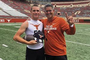 La Grange senior-to-be Colt Jobb attended the University of Texas Specialist Camp Thursday, June 4 and was the best punter at the camp. He is pictured with Jeff Banks, the UT Special Teams Coach.