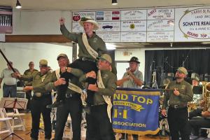 Kyle Fricke is hoisted on the shoulders of fellow Round Top Rifle Hall members as he was crowned 2026 Schützenkönig in Round Top Sunday. Round Top Rifle Hall photo