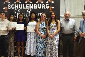 Left to right – Ruby Rodriguez, 2025 WJBS Scholar; Aidan Mendez; Jailyn Guerrero; Daysi Rico; Shalanie Olvera; Mikayla Otto, 2025 WJBS Scholar; Fay Kutac, 2025 WJBS Scholar; Bob Srubar, WJBS Scholarship Committee Member; Theodore Stanzel.