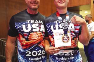Gabriel Adamek (left) and his son AJ (right) both brought home awards from the World Armwrestling Championship in Japan last week. AJ won first place in the left-handed division of the 19-21 age bracket for his weight class. His dad won third place in left-left handed division of the grandmaster bracket.