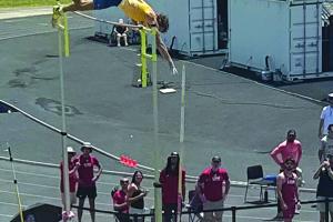 Lawson Fritsch flying high at the Southland Conference meet.