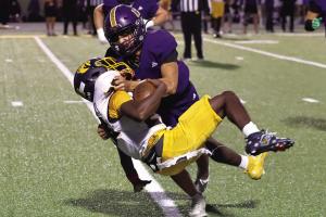 La Grange’s Van Hill makes a tackle of a La Marque ballcarrier in last Friday’s game. Photo by Darrell D. Gest