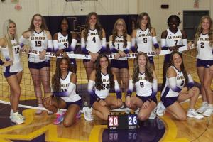 The members of the La Grange varsity volleyball team are, left to right, kneeling Brion Williams, Kyndal Brawley, Gabby Hollek and Brooklyn Barber. Standing, Ashtyn Smith, Hannah Gross, Jace Baptiste, Avery Griffin, Haedyn Cooper, Campbell Cooper, Mriyah Holmes, and Paige Michalke. Photo by Jeff Wick