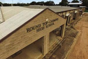 The front of Round Top-Carmine High School. They have a gym from the 1940s and no track.