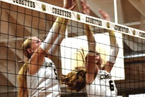 Round Top-Carmine’s Hayden Kasmiersky and Caydan Nelius jump to block a ball in Tuesday’s victory over Brazos Valley. Photo by Paul Kipp