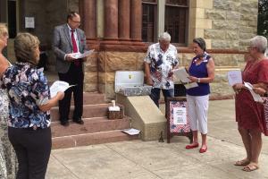 Judge Dan Mueller proclaims Constitution Week in Fayette County as members of the Daughters of the American Revolution celebrate the ringing of bells all across Philadelphia when the Constitution was adopted Sept. 17, 1787. More on the specifics of what Constitution Week means in an upcoming edition of The Record. Photo by Larry Jackson