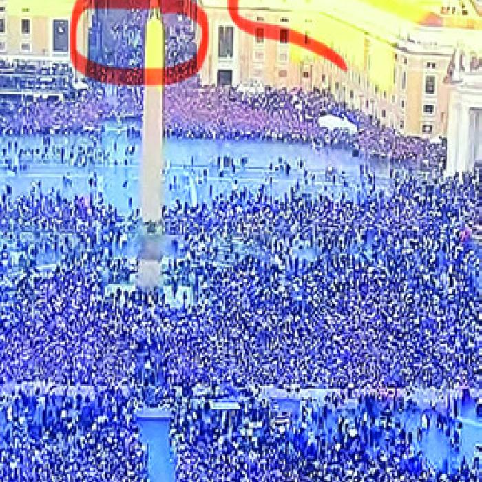 Sheila Brossmann approximates where she was in St. Peter’s Square when the pope was introduced for the first time.