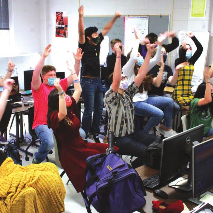 The cast and crew of the La Grange One-Act play react as the district winners are announced last week. Photo courtesy of La Grange yearbook staff