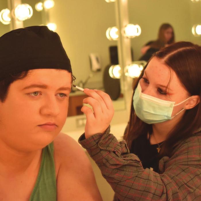 All-Star Crew award winner Katherine Karstedt applies makeup to All-Star cast member Conner Underwood. Photo by Emma Allbritton