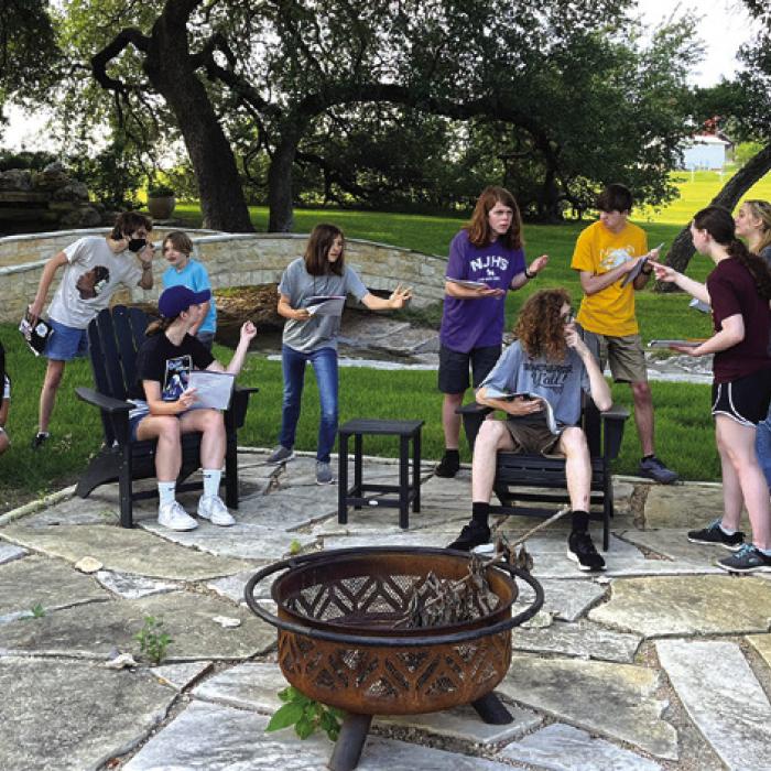 The Camp Shakespeare kids are shown here working on their lines for ‘A Midsummer Night’s Dream” which they will perform locally this Friday, Saturday and Sunday.