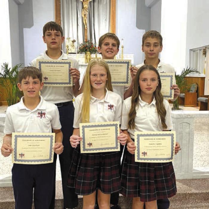 6th Grade Honor Roll for the 2024-2025 school year: (front, from left) Luke Goedrich, Briley Hartensteiner, Kynslee Zapalac; (back) Jacob Schramek, Levi Johnson, Justin Schramek.