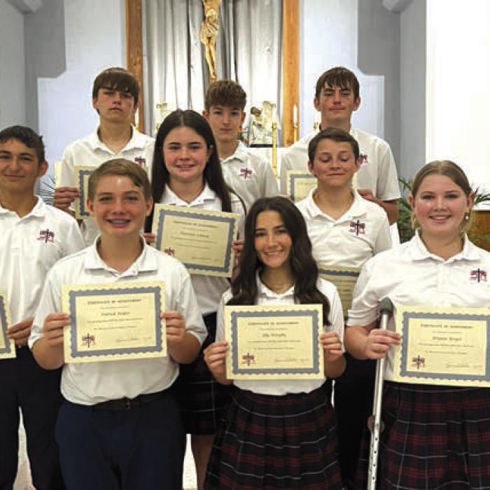 7th Grade Honor Roll for the 2024-2025 school year: (front, from left) Patrick Taylor, Lilly Wotipka, Brynlee Berger; (middle) Dylan Zweschper, Charlotte Schmidt, Cannon Lykke; (back) Bryson Ohnheiser, Austin Reeves, Kaleb Zapalac.
