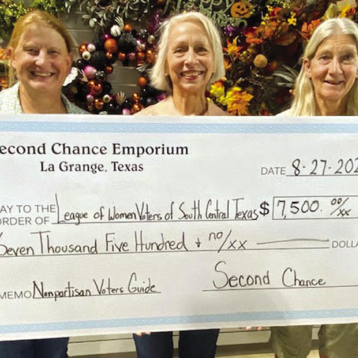 	Second Chance Donates to St. Rose of Lima, League of Women Voters of South Central Texas