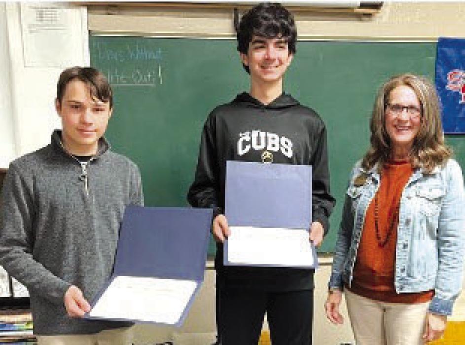 Pictured is Caden Tovey (center) and his classmate Peter Kieke who also participated from Round Top High School and the son of Charles and Diane Tovey and a student of Brandi Venghaus’s. Peter is the son of David and Courtney Kieke. The presentation was made by the Smith-McMillanDAR American History Committee Chair, Claudia Valastro.