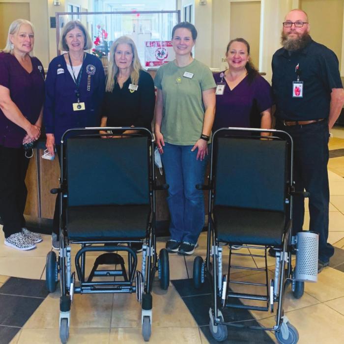 Pictured with the wheelchairs provided by Second Chance are (from left) Ronda Newton, SMMC Registration Services Manager; Lil Landry, SMMC Auxiliary Volunteer; Gail Schielack, Second Chance Shop Director; Julia Thomas, Second Chance Assistant Shop Director; Melanie Hickey, Registration Clerk; and Mel Burgess,