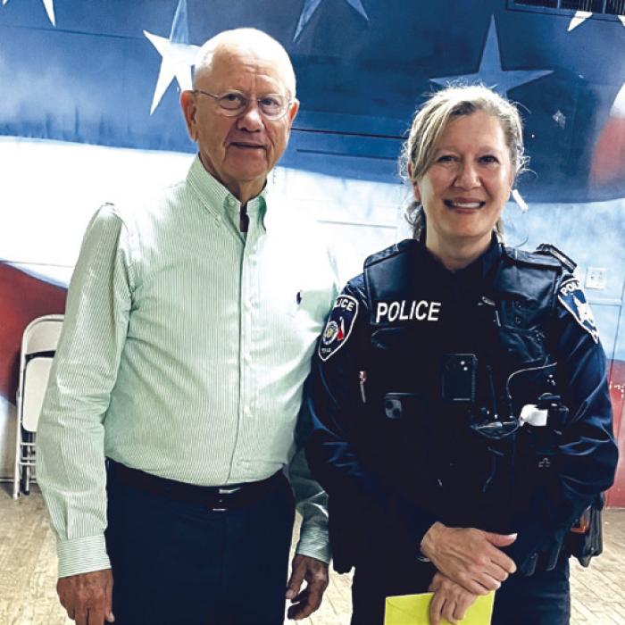 The Flatonia-Cistern Farm Bureau held the potluck dinner and quarterly meeting on Tuesday, March 19 at the Flatonia American Legion Hall. President Danny Vyvjala (left) presented a gift to Geneva Titus (right) who serves as a Flatonia Police Department Investigator and Flatonia ISD School Resource Officer. Geneva was the guest speaker and enlightened the members on the new ways criminals are scamming the public.