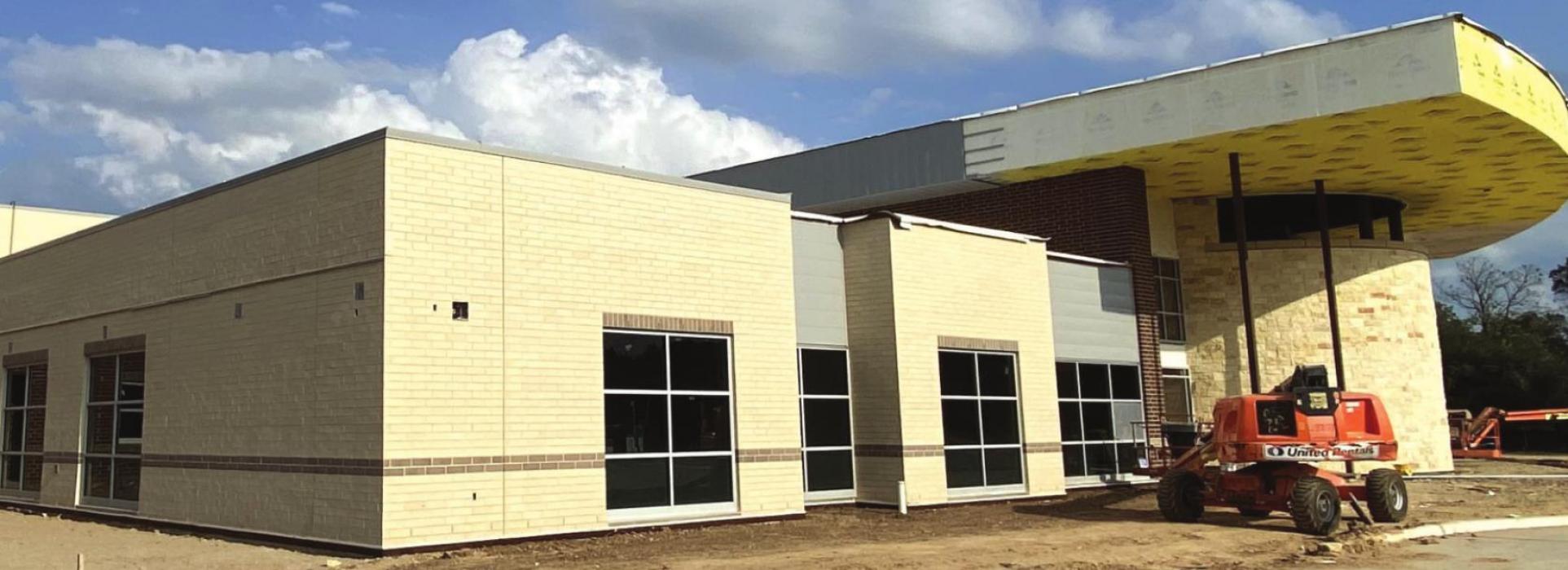 The exterior of the elementary office and media center are getting the finishing touches.
