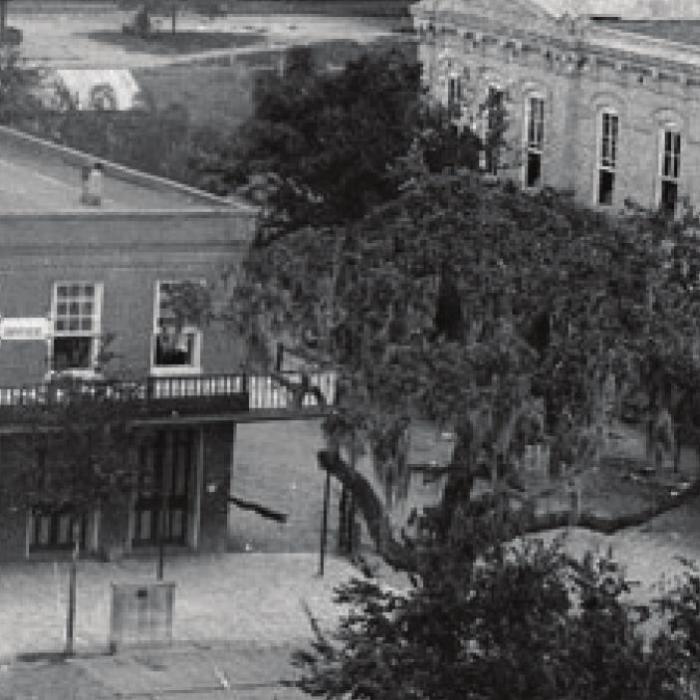 This detail from an early 1890s photograph by Louis Melcher shows the Historic Oak laden with Spanish moss in front of the old red brick Sinks building. Photo courtesy of the Fayette Heritage Museum and Archives
