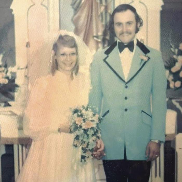 Greg and Debbie Hunger at their wedding on Jan. 17, 1976 at St. John Lutheran Church in New Ulm.