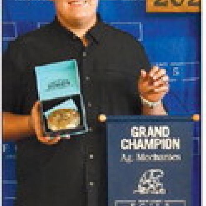 Grand Champion Ag Mechanics - Josh Vrana, Flatonia FFA. Grand Champion Buckle Sponsor - Wick Water Well Service.