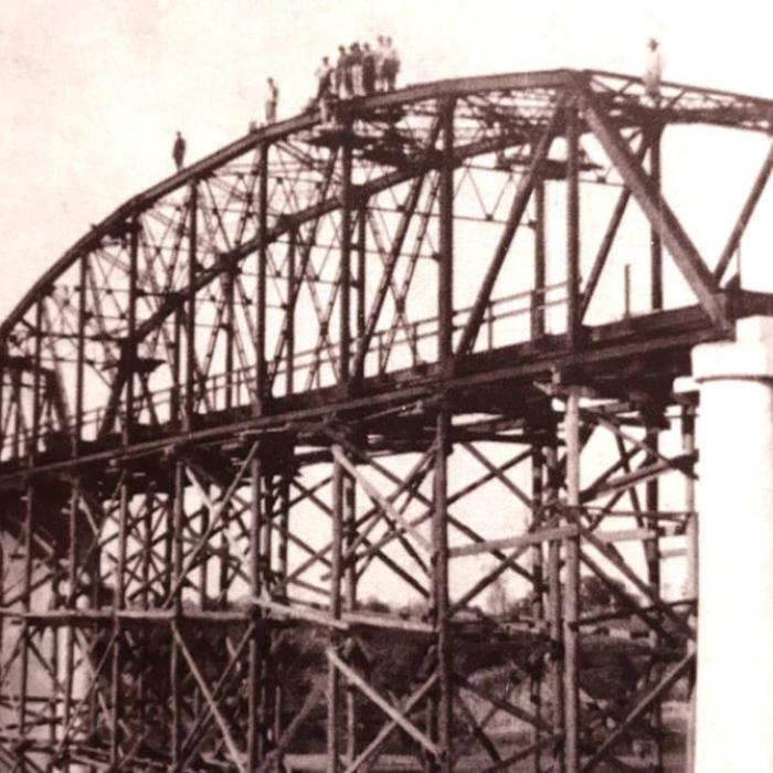 The custom-designed Parker through truss bridge with five spans, which crosses the Colorado River on business Highway 71, was completed in 1941 and is on the National Register of Historic Places. This photo shows the bridge, still under construction, as it may have looked around the time Junell (Schroeder) Van Horn’s pregnant mother climbed a ladder up to the bridge to get to the hospital.