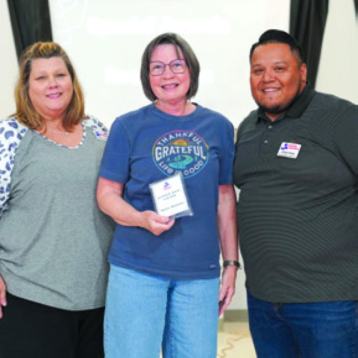 Above, the 2025 Ginger Bosl Award Recipient: (from left) Karen Hoskins, PAT Program Director, Helen Neisner; and Josue Rivas, PAT Development Director.