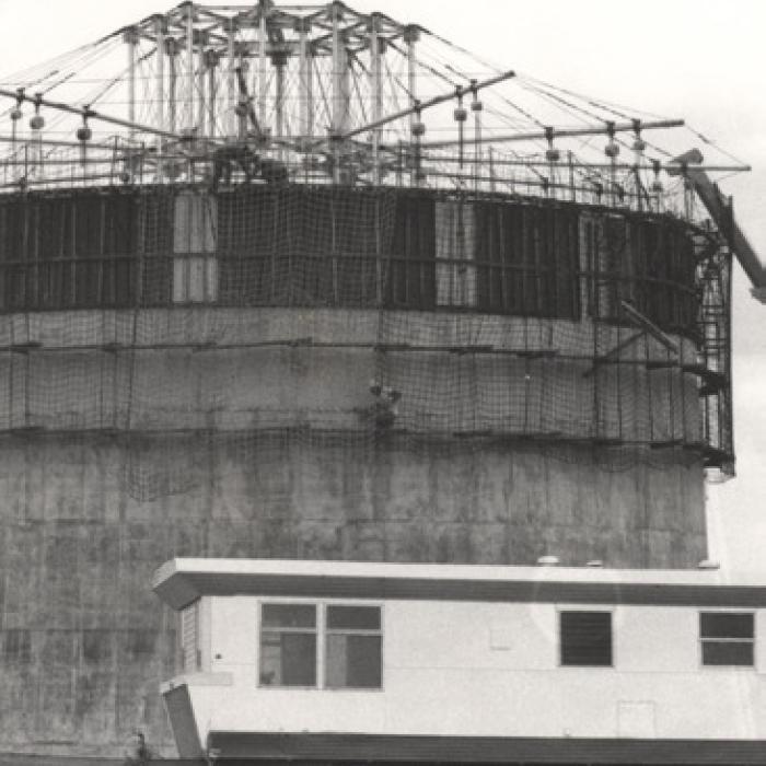 A large chiminey under construction at Fayette Power Project in 1976. Photos courtesy of Fayette Heritage Museum and Archives