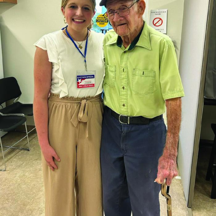 Fayette County election worker Reagan Moreau, a 16-year-old high school student from Fayetteville, got a chance to meet Abraham Froese of Carmine, a 97-year-old World War II vet from Carmine, who came into the election office to vote last Sunday. He is one of the last living World War II vets in the area.