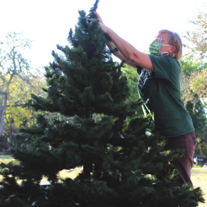 Dr. Marsha Hendrix, site manager of Monument Hill was busy setting up a Christmas tree Tuesday afternoon.