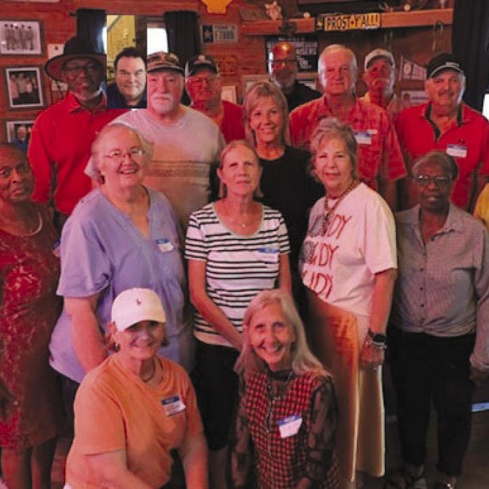 The Burton High School class of 1976 celebrated their 50-year class reunion. Pictured front from left are: Donna Boehnemann Putnum, Janice Mantey Naylor; second row: Coach Delphine Hinze, Georgia Gantt, Shirley Draeger Thorpe, Leatrice Badke Marek, Cindy Lucherk Brittain, Darline Mathis Hoskins, Waldine Nienstedt Wickel; third row: Keith Jackson, Billy McGlaun, Jackie Ray Roemer, Charles Hodde, Gary Knebel, and Larry Shupe; back row: Russel Neinast, Tim Eberhardt, Mike Tarver, and James Mantey.