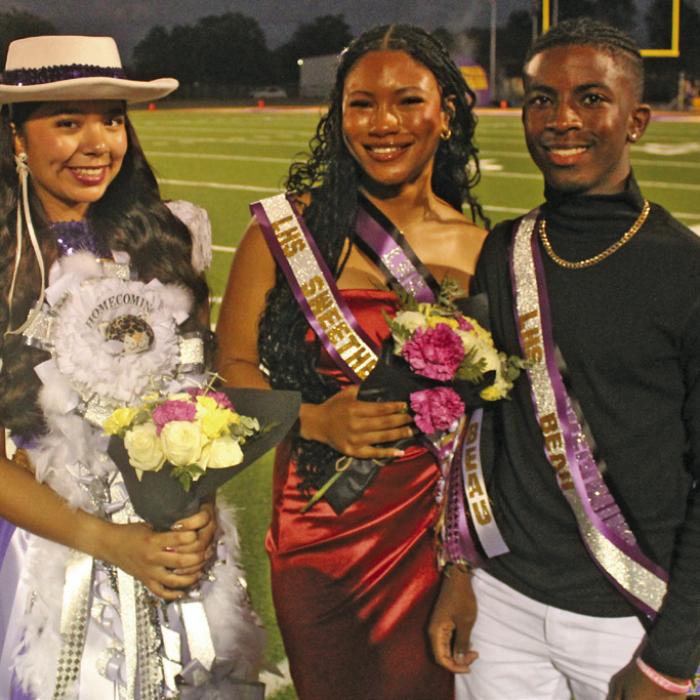 La Grange High School announced its homecoming royalty prior to Friday’s football game. Left to right, Leopardette Sweetheart was Michelle Leal, LHS Sweetheart was Joy Moore and LHS Beau was Jordyn Murray. Photo by Jeff Wick