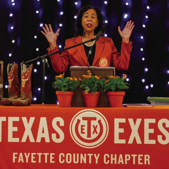 Arleas Upton Kea, President &amp; Chair of the Texas Exes Board of Directors—and a proud Schulenburg native—made the trip from Washington, D.C. to join the celebration March 7 in Round Top. Photo by Gabby Castillo