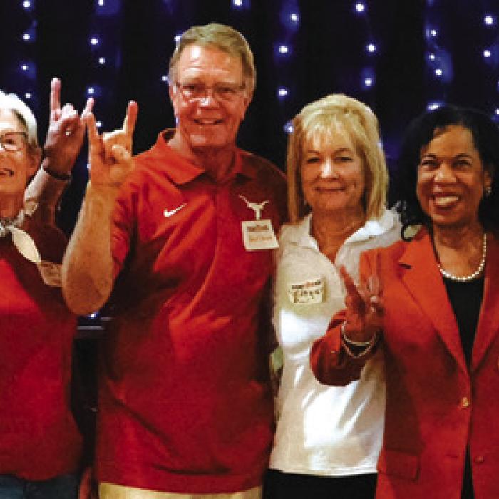 Current UT students and scholarship recipients Landon von Minden, Chris Ramirez, and Arely Lopez shared heartfelt words of gratitude and offered updates on their academic journeys since receiving their awards. They are shown here with local Texas Exes. Photo by Gabby Castillo
