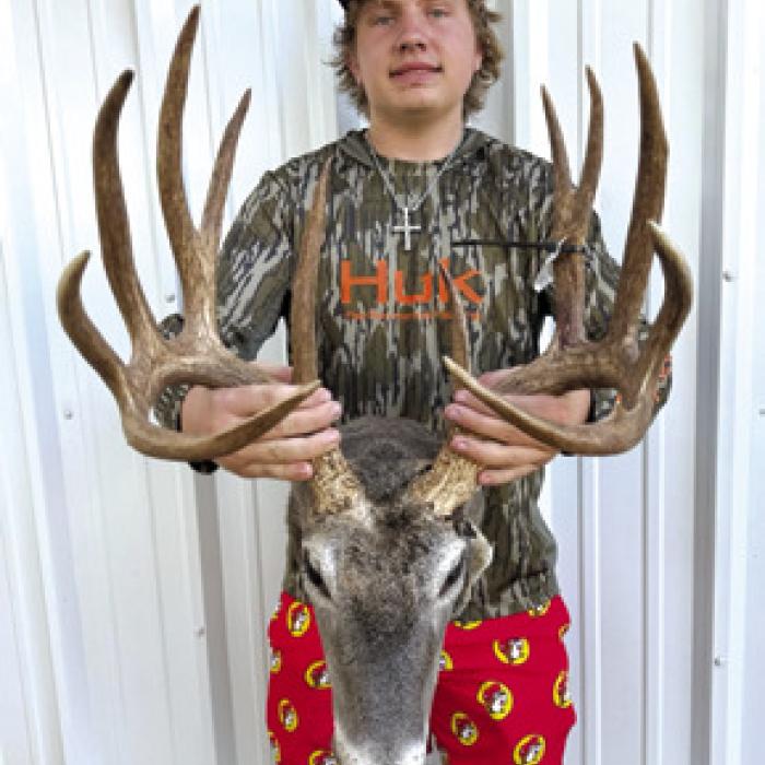Pictured here is Kasen Kocian with the 13-point buck that he harvested opening morning of bow session. The buck had a drop tine and scored 170. This 3 1/2 year old buck was taken in the Rutersville area. Kasen is the son of Wayne Kocian and Natasha and Andy Kollman and is a senior at Fayetteville High School.