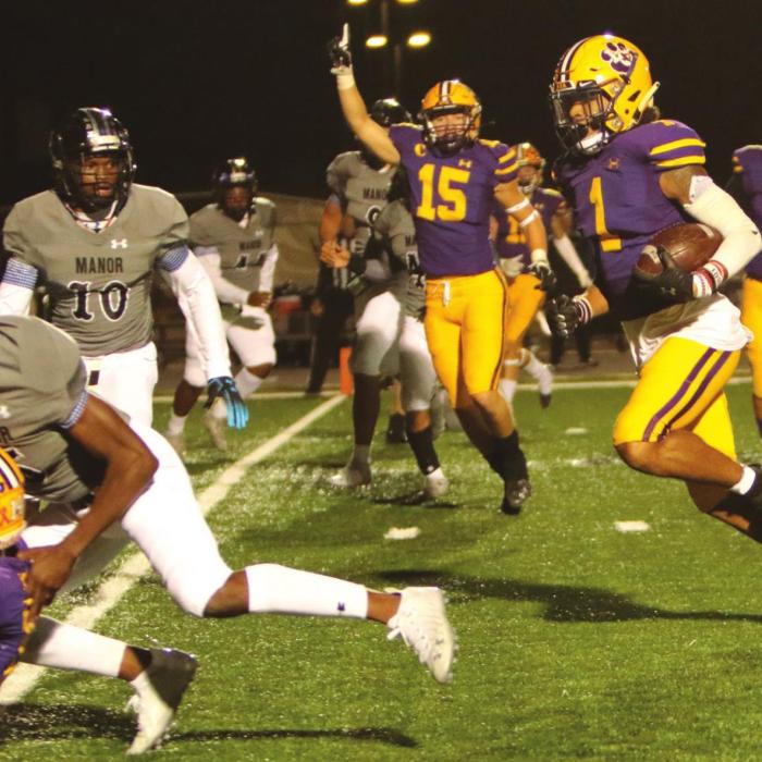 La Grange’s Kadyn Hall (No. 15) is already celebrating the score as Lep junior Bravion Rogers runs the football in for a touchdown Thursday. Photo by Darrell D. Gest