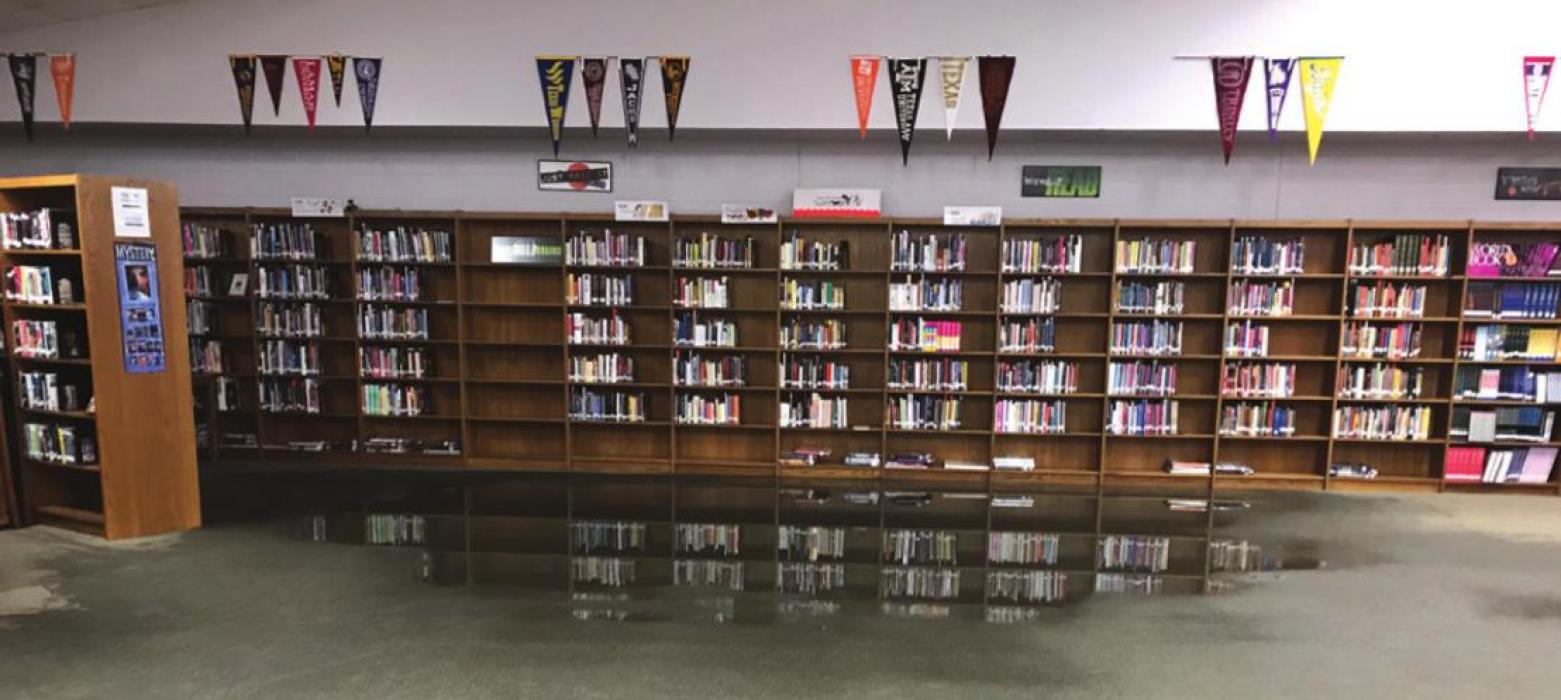 The water from a busted pipe flowed into the library at LHS, note the books reflected in the carpet, but no books were damaged.