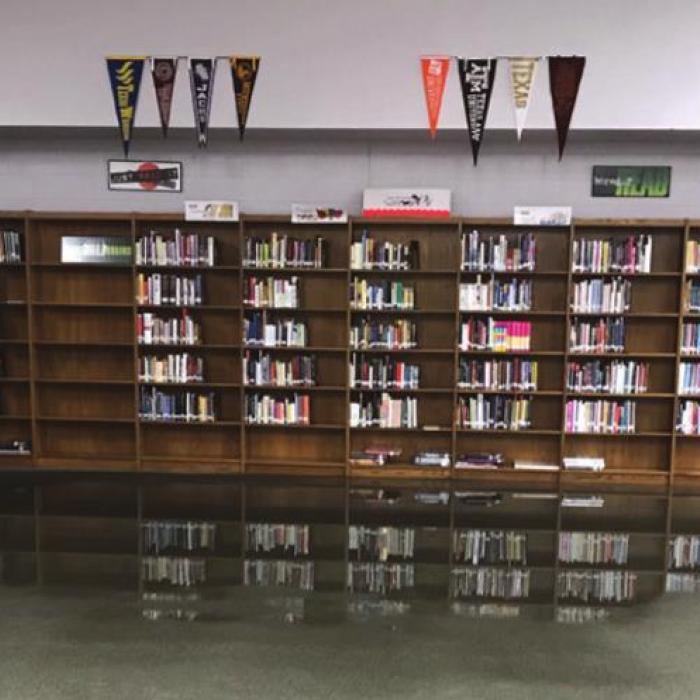 The water from a busted pipe flowed into the library at LHS, note the books reflected in the carpet, but no books were damaged.