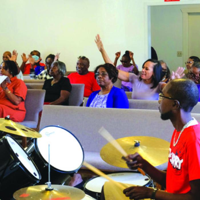 Rev. Leo Vaughns Jr. along with percussionist Dietrick Benson (pictured above) moved the congregation with their musical gifts.