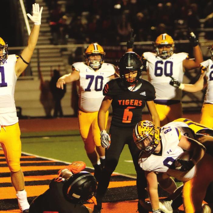 His teammates celebrate the touchdown as Ryder Imhoff crosses the goal line for a early touchdown Friday. Photo by Darrell D. Gest