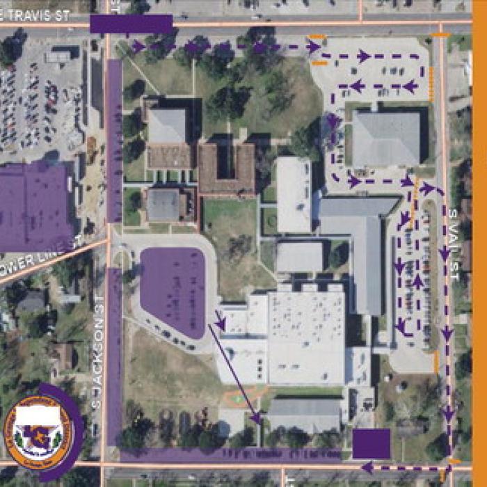 This map shows the details for Thursday’s pancake supper. Dine-In parking is along Milam and Jackson Streets. For those wanting the drive-thru, cars should enter the school parking lot on the west corner of Travis Street (nearest the 1923 old high school building) and follow the signs.