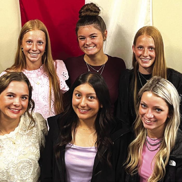 The members of the state-qualifying Round Top-Carmine girls golf team. Left to right - Front row: Avery Nelius, Alin Soto and Makayla Smith; Back row: Coach Bayley Gold, Morgan Nelius, Georgia Bockman, Caydan Nelius and Angie Le Bouef. Photo by Jeff Wick