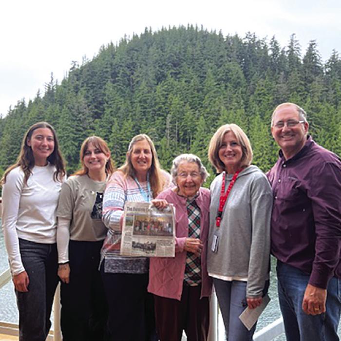 The Record recently traveled to Seattle, Washington and cruised to Juneau, Skagway and Ketchikan, Alaska and British Columbia, Canada. From left to right are twins Amanda and Sarah Kaase, Angeline Howard, Mary Ann Kaase, Juli Kaase, and Kenneth Kaase. Going on vacation? Take along the newspaper, snap a photo and send it to us.